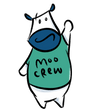 Walt the cow wearing a green shirt with 'MOO CREW' text on a white background