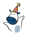 Walt the cow with a party hat on a white background