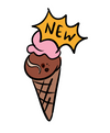 Cartoon ice cream cone and a yellow 'NEW' sign on a white background