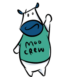 Walt the cow  wearing a green shirt with 'MOO CREW' text on a white background