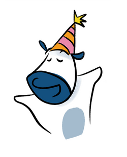 Walt the cow with a party hat on a white background