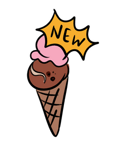 Cartoon ice cream cone and a yellow 'NEW' sign on a white background