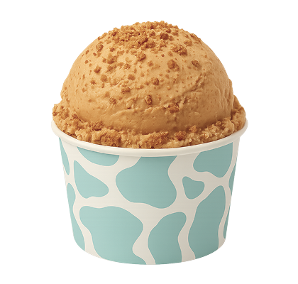 Ice cream scoop in a paper cup with a blue and white pattern on a white background