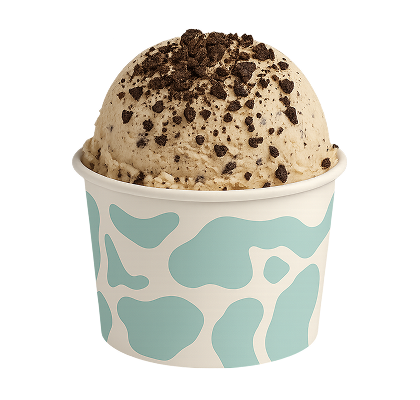 Ice cream with cookie pieces in a paper cup with a blue and white pattern on a white background