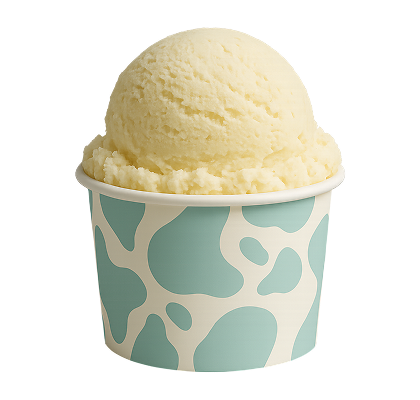 Ice cream in a paper cup with a cow print design on a white background