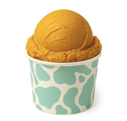 Yellow ice cream in a paper cup with a green and white pattern on a white background