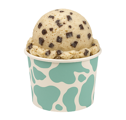 Ice cream with chocolate chips in a patterned cup on a white background