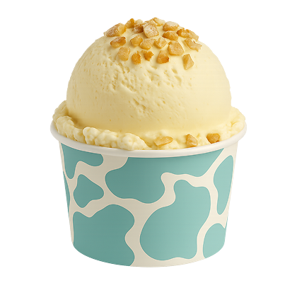Vanilla ice cream with caramel bits in a blue and white patterned cup on a white background