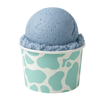 Blue ice cream in a paper cup with a cow print pattern on a white background