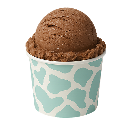Chocolate ice cream in a paper cup with a blue and white pattern on a white background