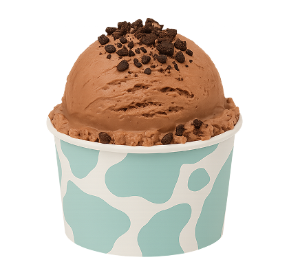 Chocolate ice cream with cookie pieces in a paper cup with a blue and white pattern on a white background