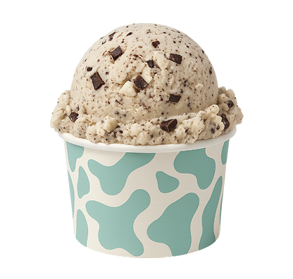 Ice cream scoop with chocolate chips in a camouflage-patterned cup on a white background
