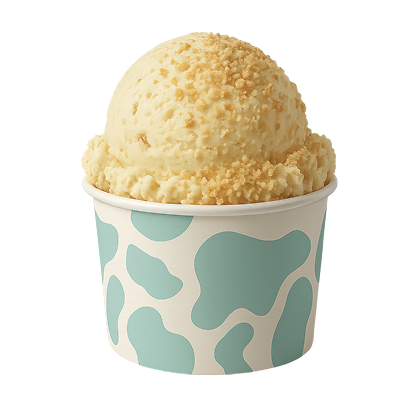 Ice cream scoop in a cup with a cow print pattern on a white background